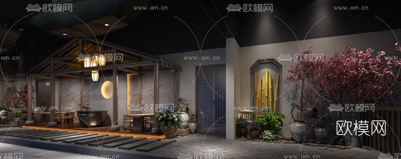 中式会所中庭过道3d模型