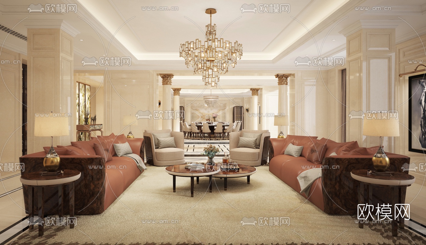 简欧轻奢客厅餐厅3d模型下载（渲染图1）