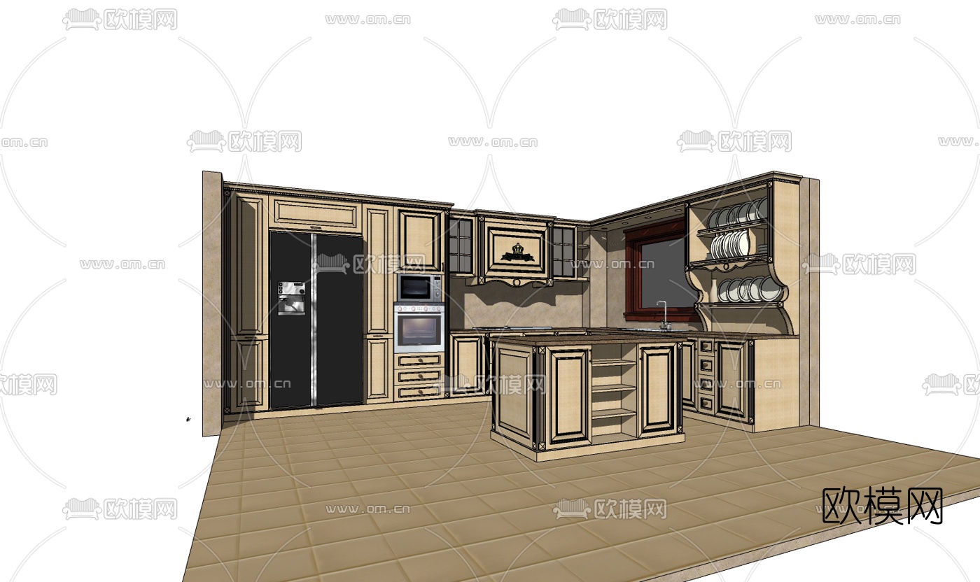 美式橱柜免费su模型下载（渲染图2）