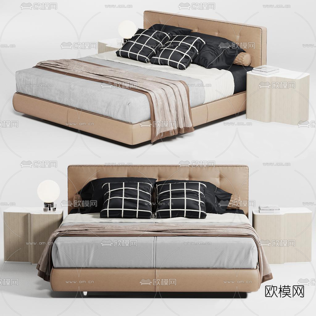 现代布艺双人床3d模型下载