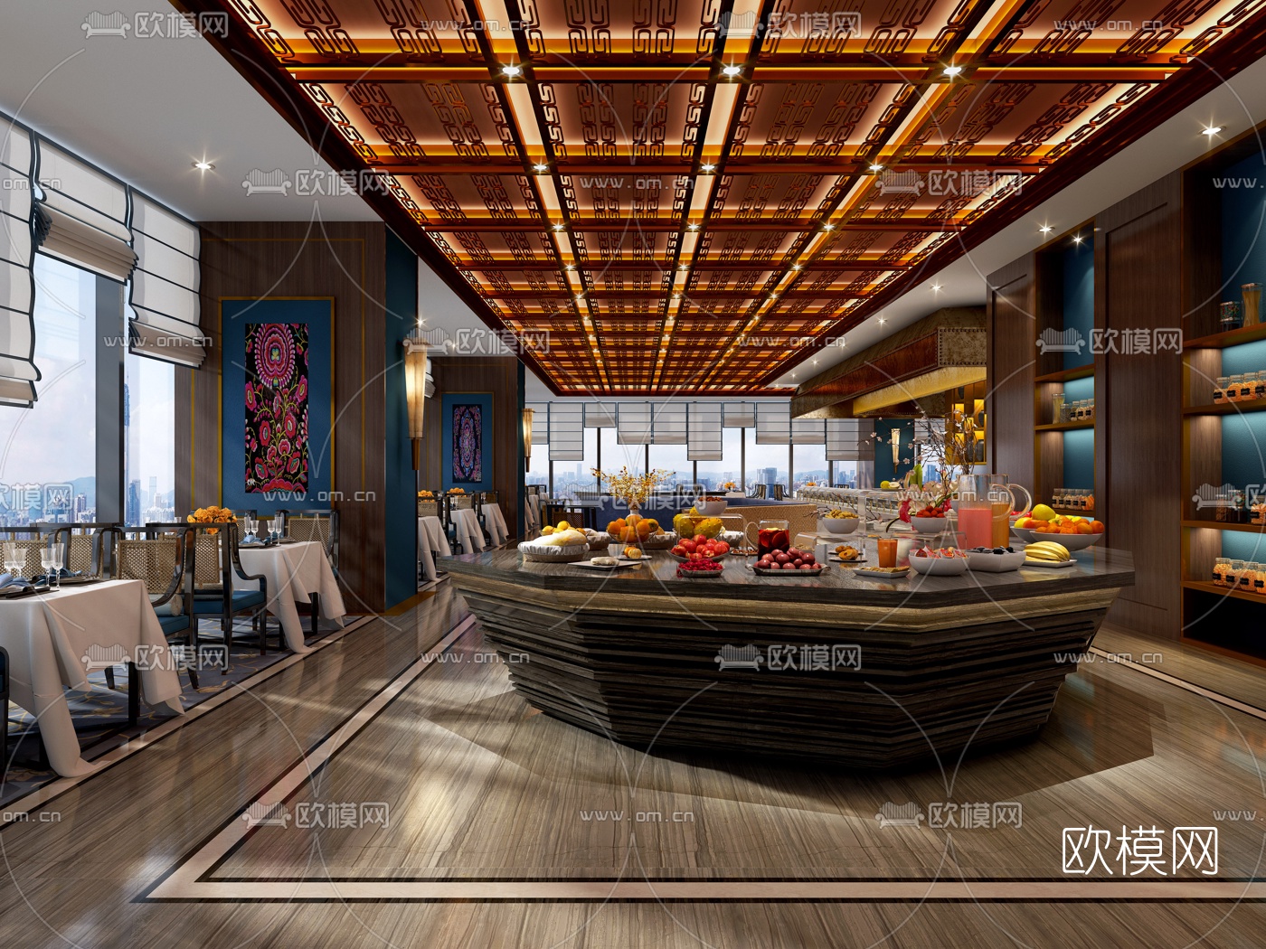 新中式自助餐厅3d模型下载（渲染图1）