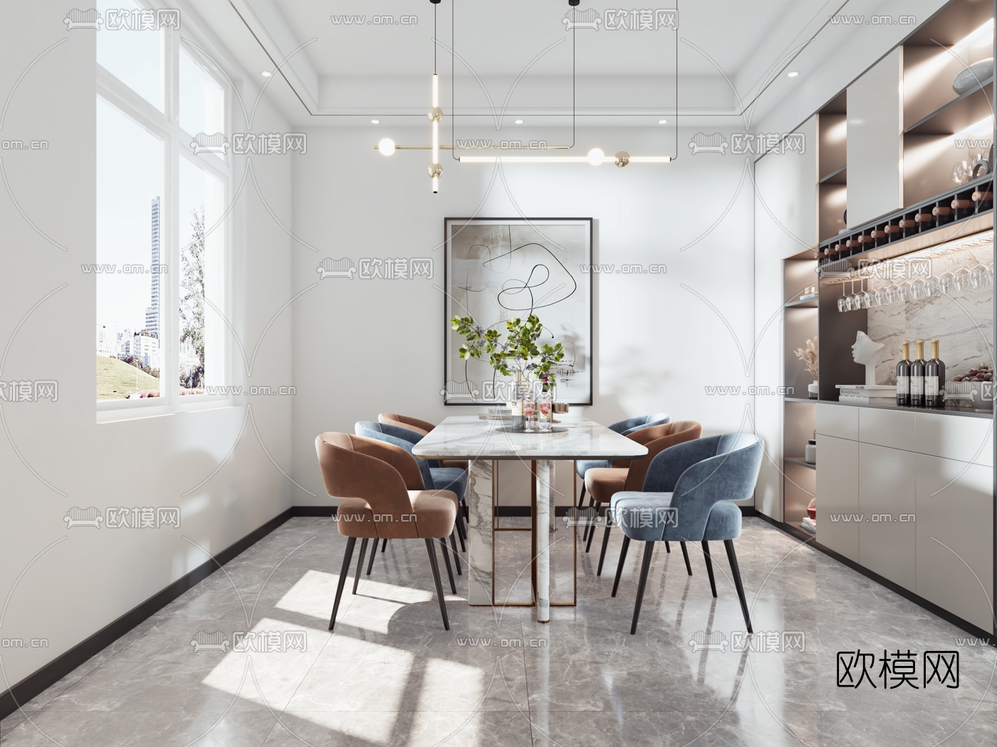 现代别墅客厅餐厅3d模型下载（渲染图3）