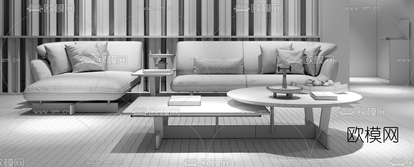 意大利Cassina品牌现代皮革沙发茶几组合3D模型下载（渲染图2）