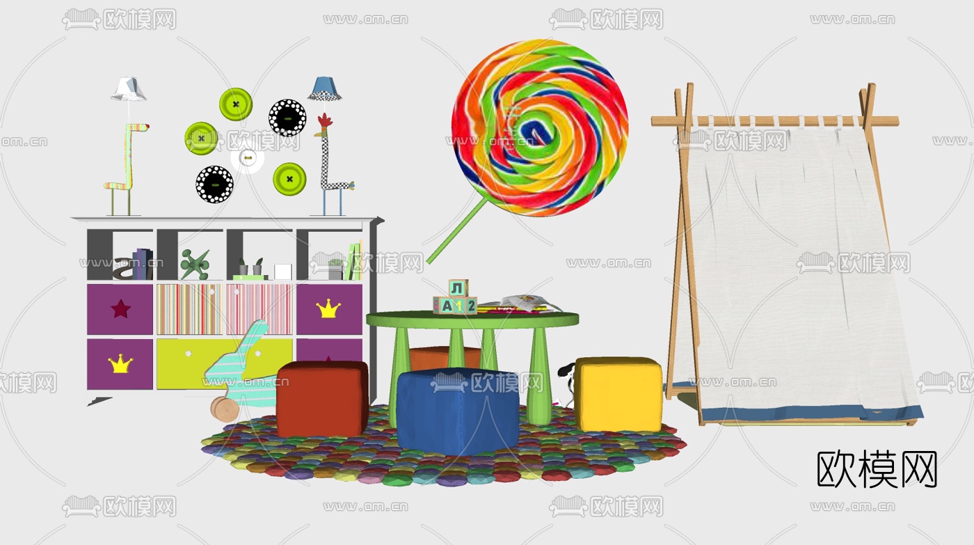 现代儿童桌椅玩具组合su模型下载（渲染图1）