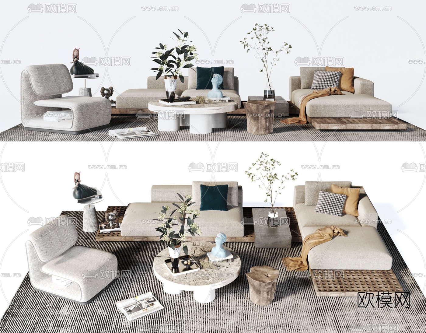 侘寂布艺沙发组合3d模型下载