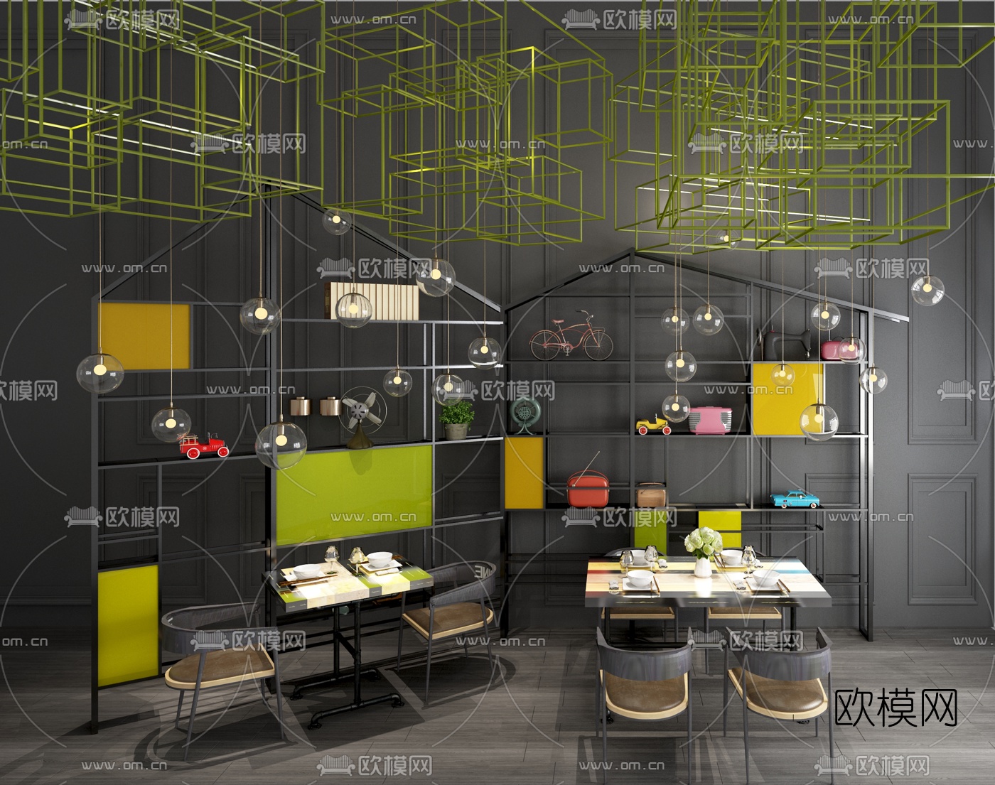 工业风餐桌椅装饰架屏风组合3d模型下载