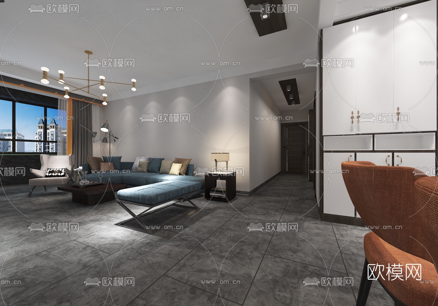 现代高级灰客厅餐厅3d模型下载（渲染图2）