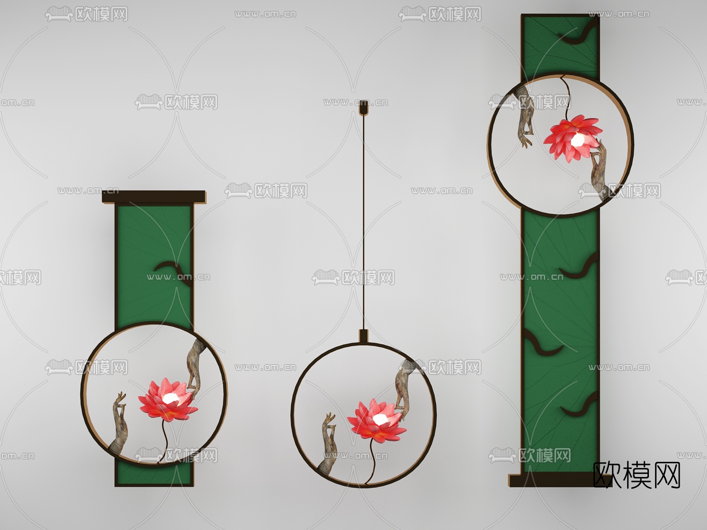 新中式佛手荷花禅意吊灯壁灯组合3d模型下载