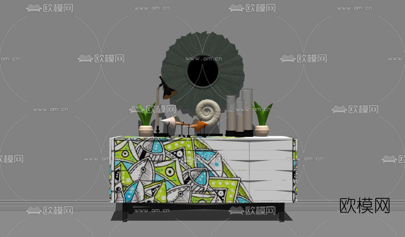 现代边柜组合su模型下载（渲染图2）