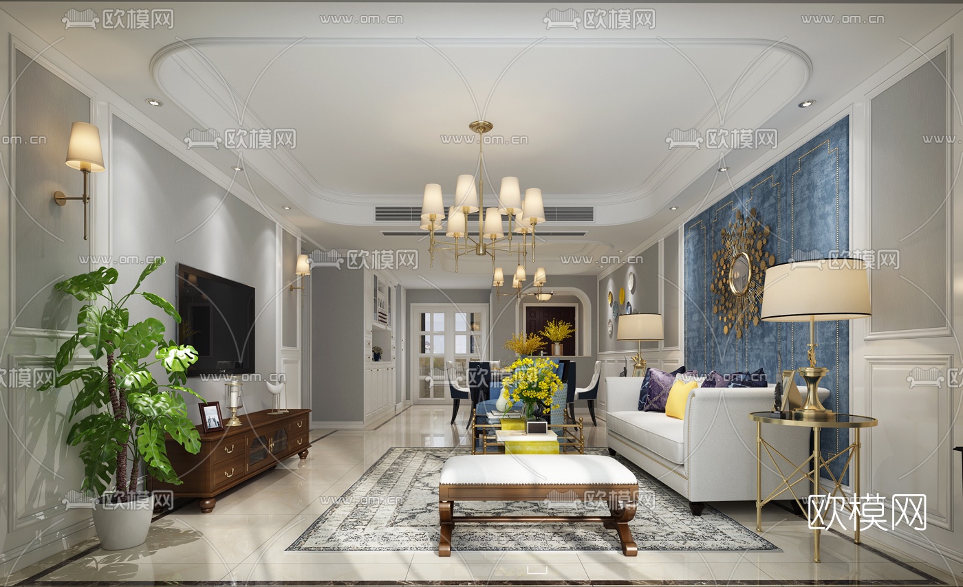 欧式客厅餐厅3D模型下载（渲染图1）