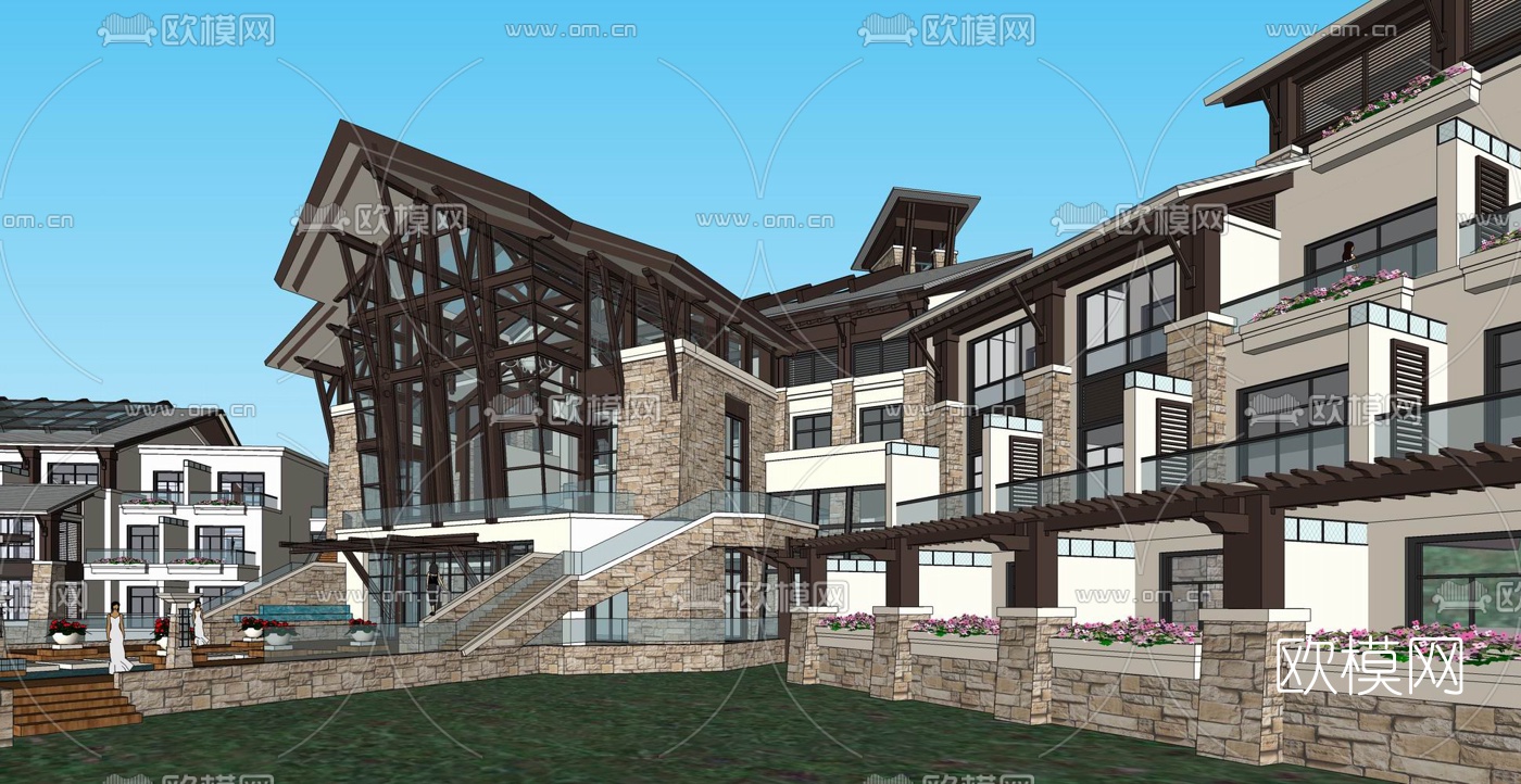 东南亚山地滨水酒店su模型下载（渲染图2）