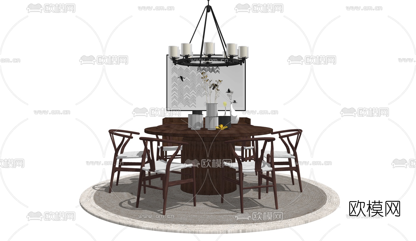 中式实木餐桌椅组合su模型下载