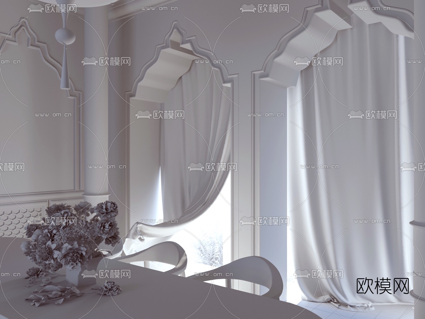 新古典红色系餐厅3d模型