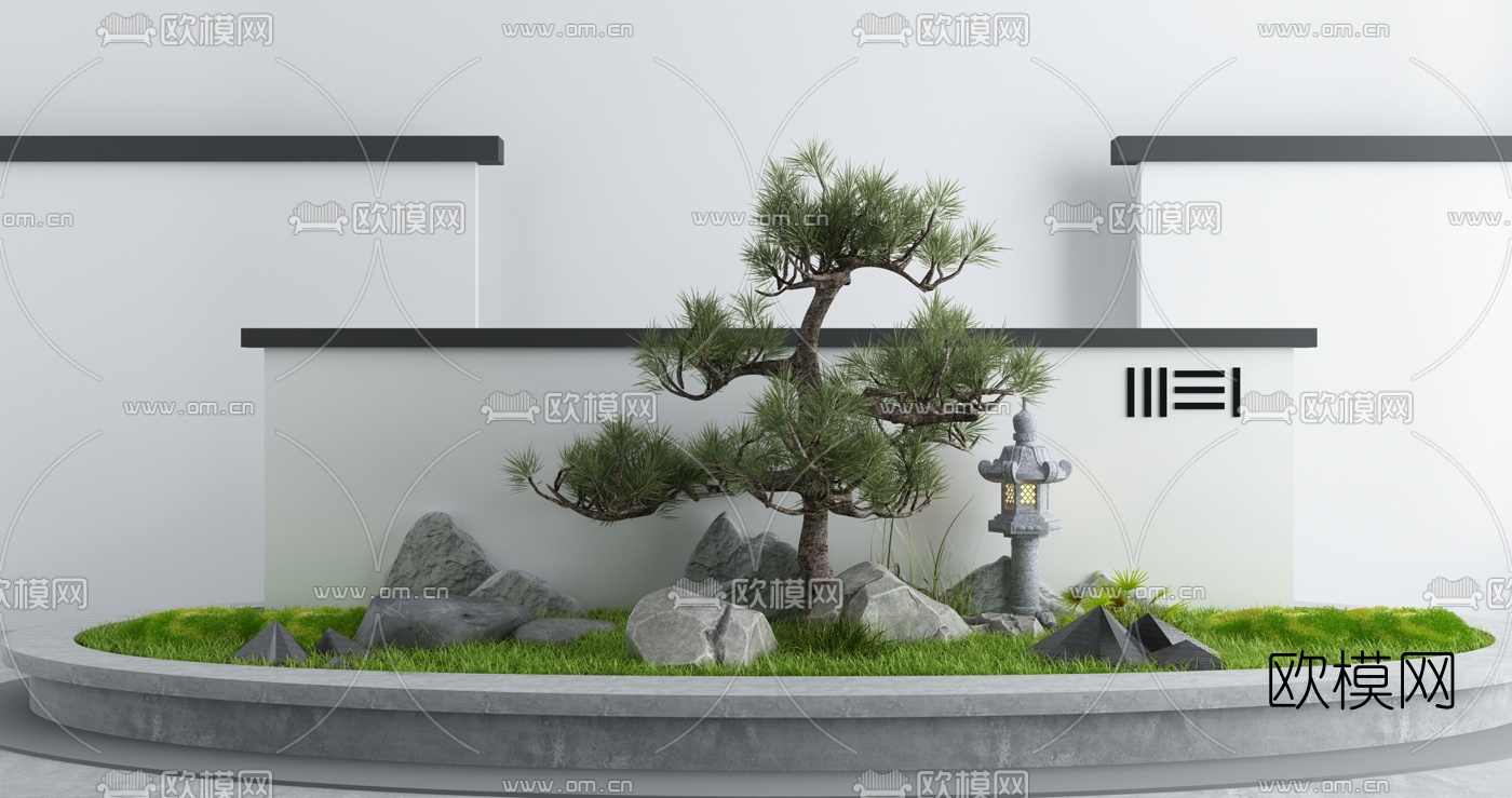 新中式石头松树园艺小品3d模型