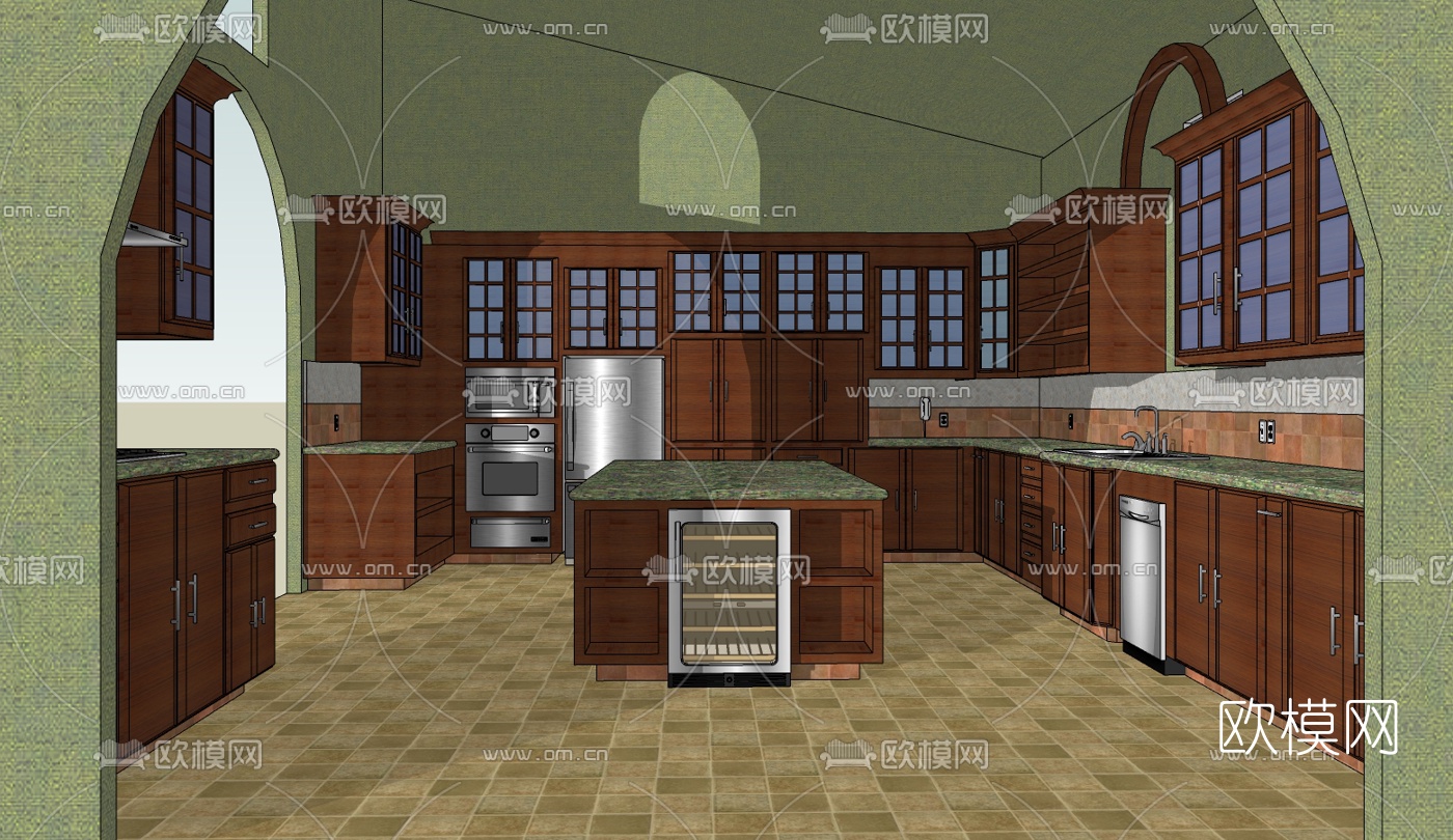 美式橱柜免费su模型下载（渲染图1）