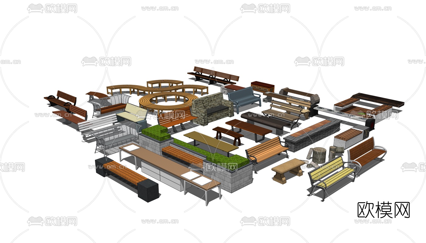 现代户外公用椅组合su模型下载