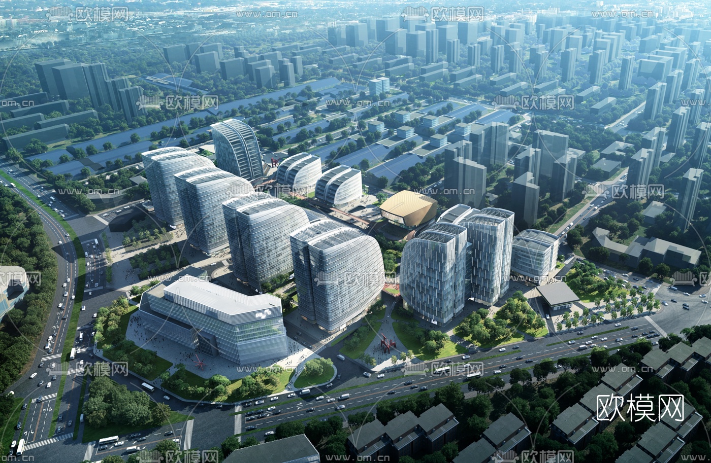 现代办公楼鸟瞰规划3d模型下载