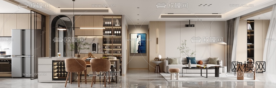 现代客厅餐厅3d模型下载(渲染图2)