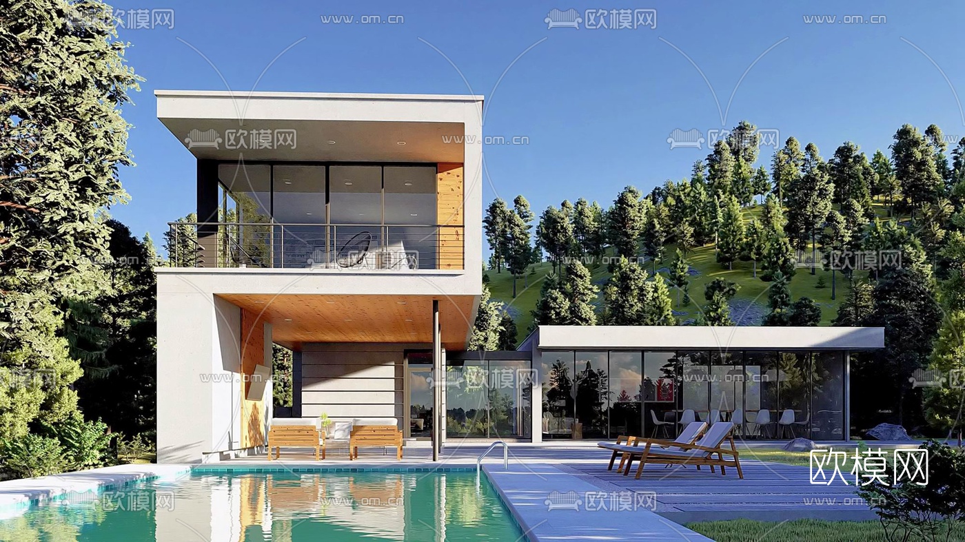 现代独栋别墅外观su模型下载（渲染图1）