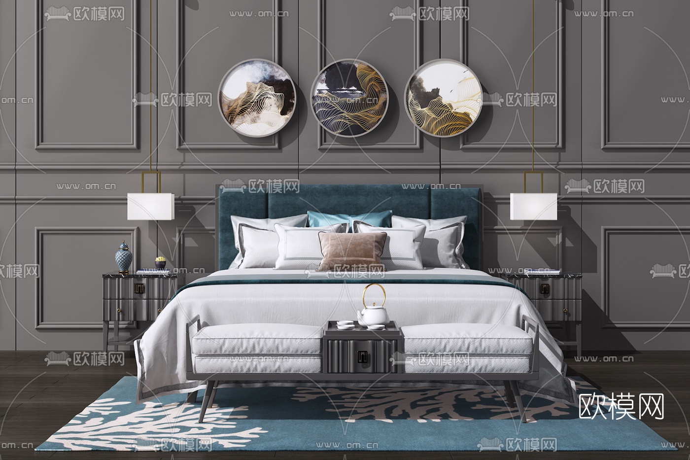 新中式双人床床头柜3d模型下载