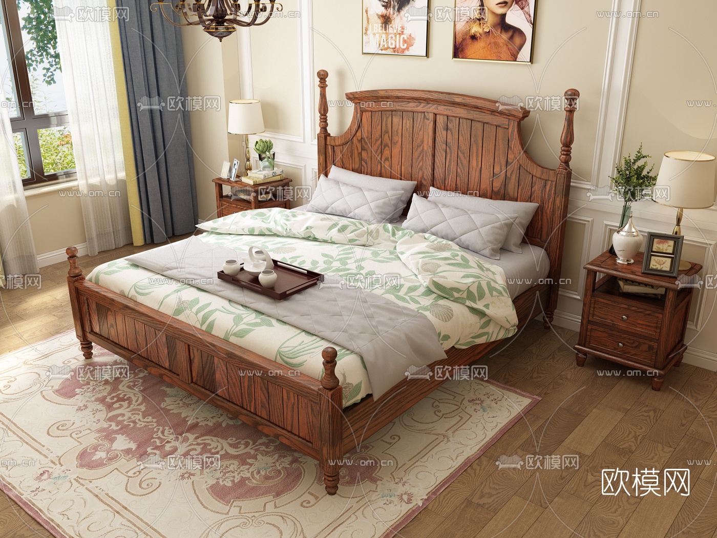 美式实木双人床3d模型下载（渲染图2）
