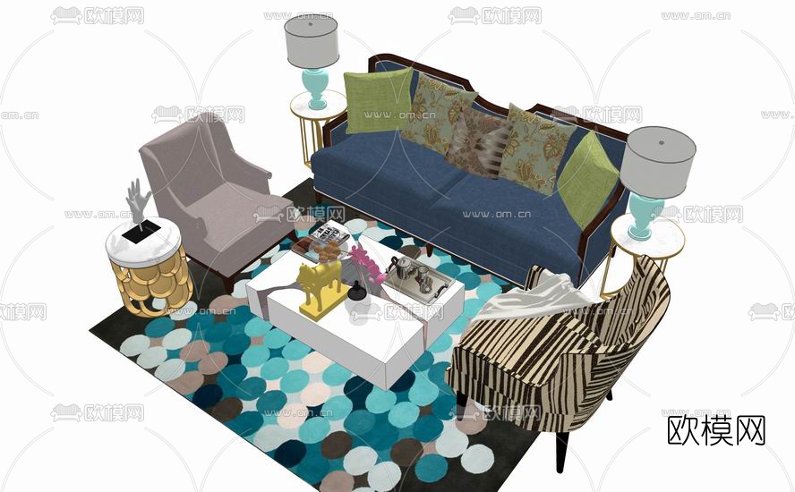 美式沙发组合su模型下载（渲染图1）