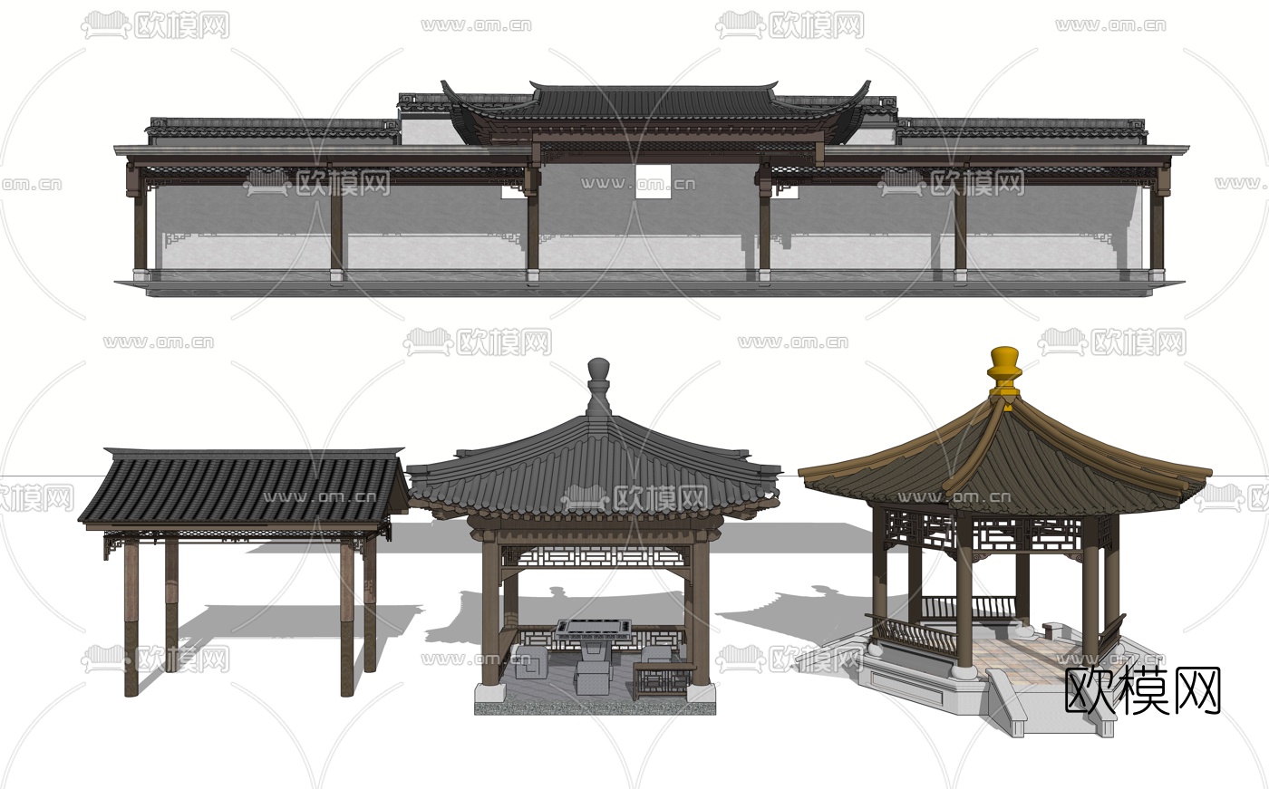中式古建凉亭回廊su模型