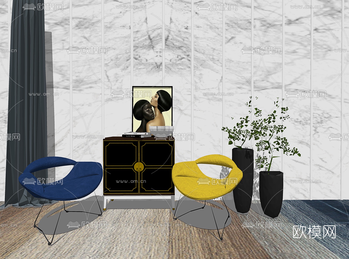 新古典边柜休闲椅组合su模型下载（渲染图1）