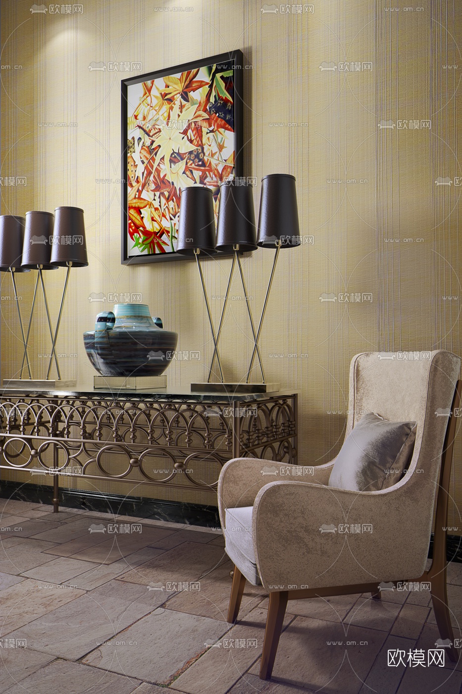 郑仕梁设计现代玄关柜3D模型下载（渲染图1）