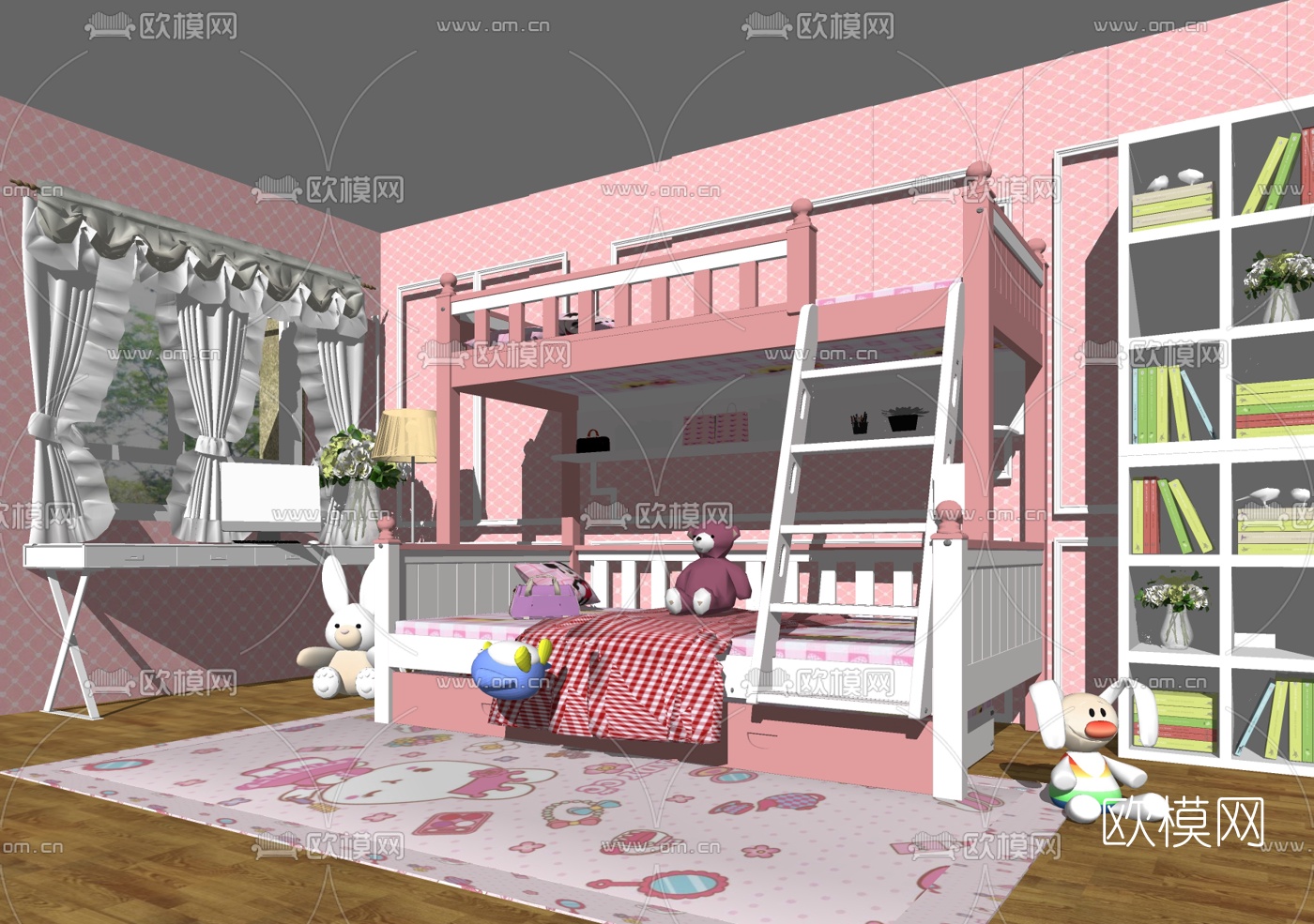 简欧实木上下铺儿童床su模型下载