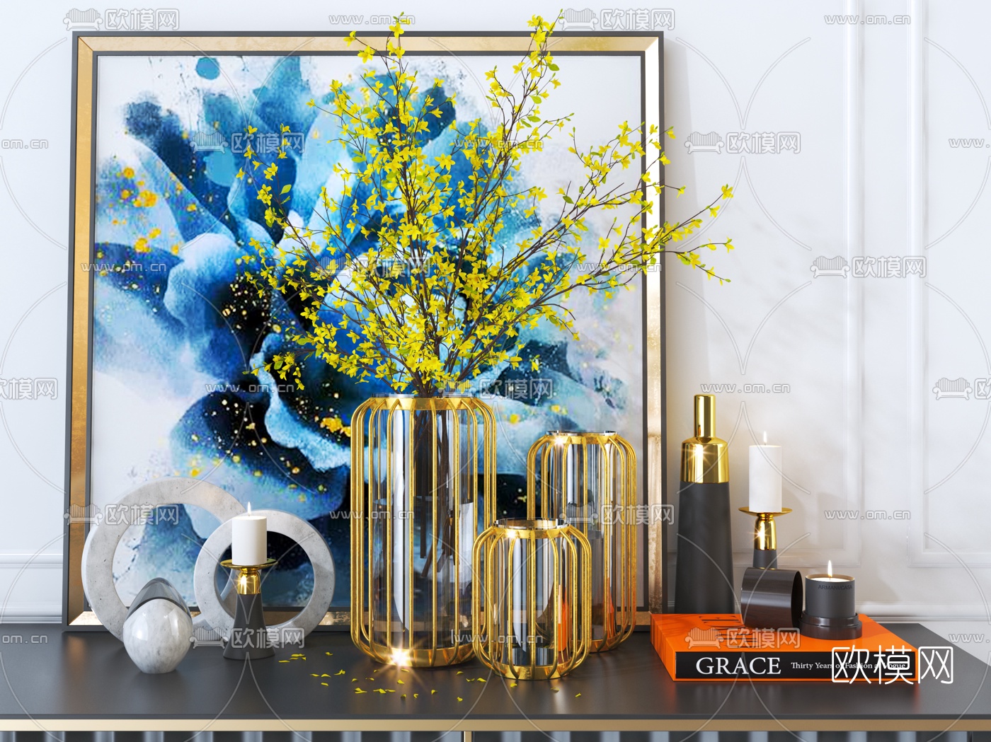 现代玻璃花瓶烛台装饰画组合3d模型下载