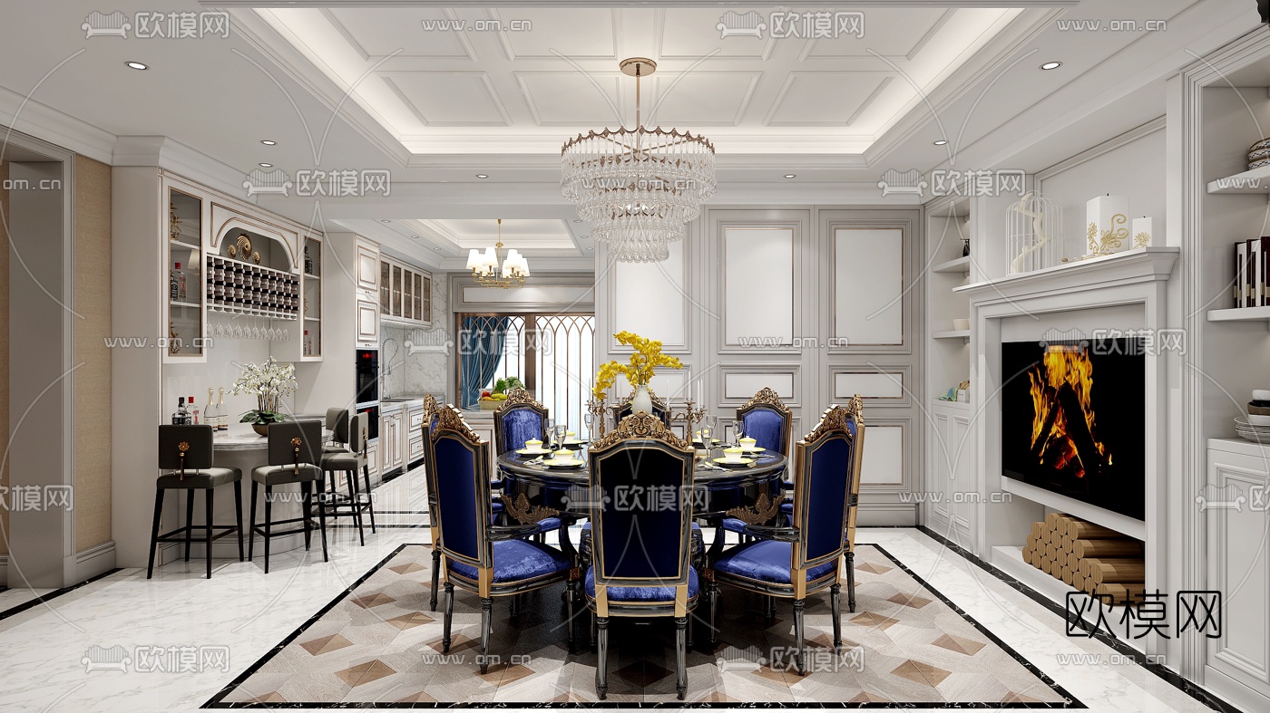 新古典餐厅厨房3d模型下载（渲染图3）