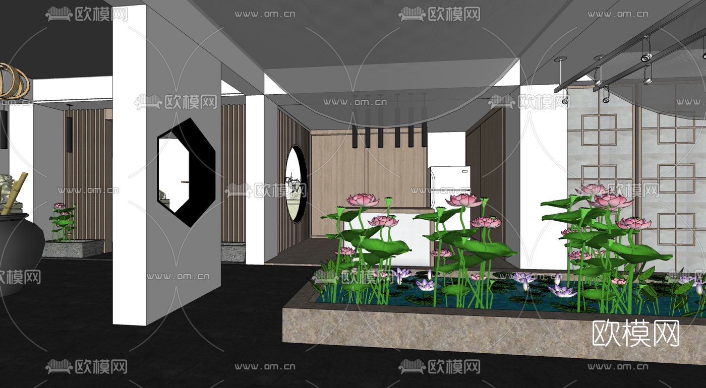 中式会所会客室su模型