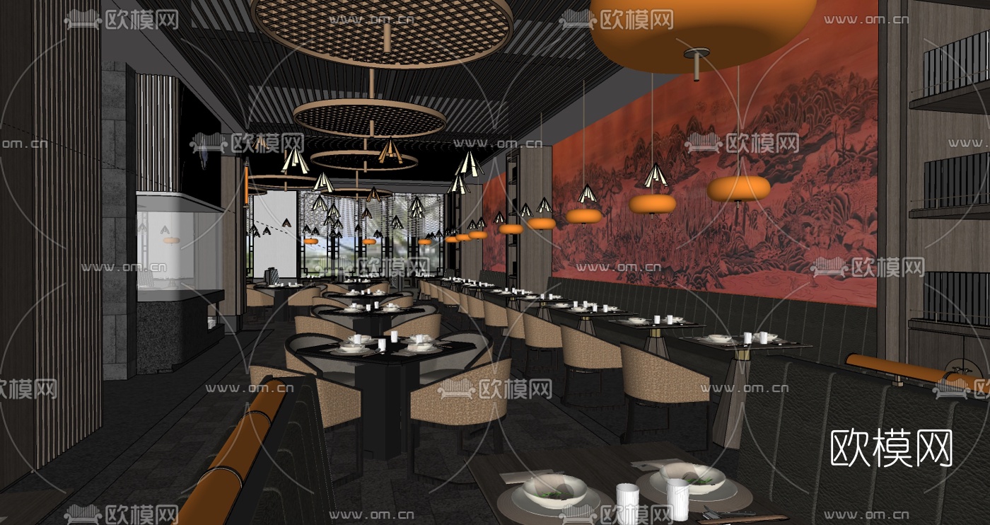 新中式餐厅su模型下载（渲染图2）