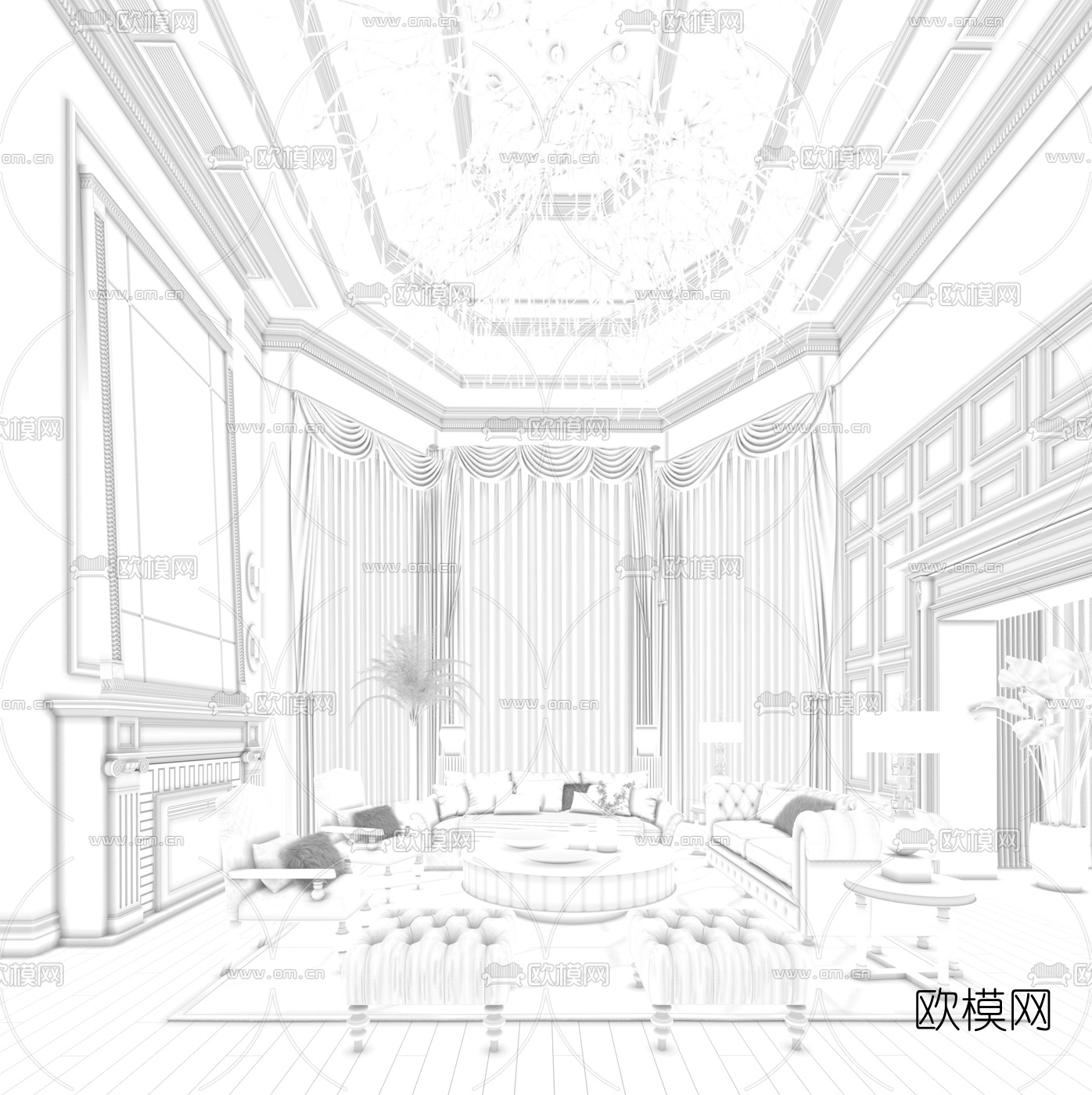 奇恩设计美式混搭别墅客厅3d模型下载（渲染图2）