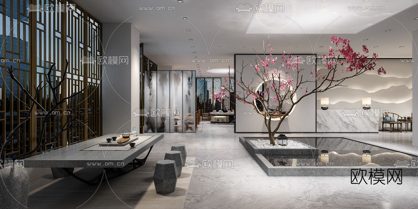 新中式大堂淬梅小景休息区3d模型