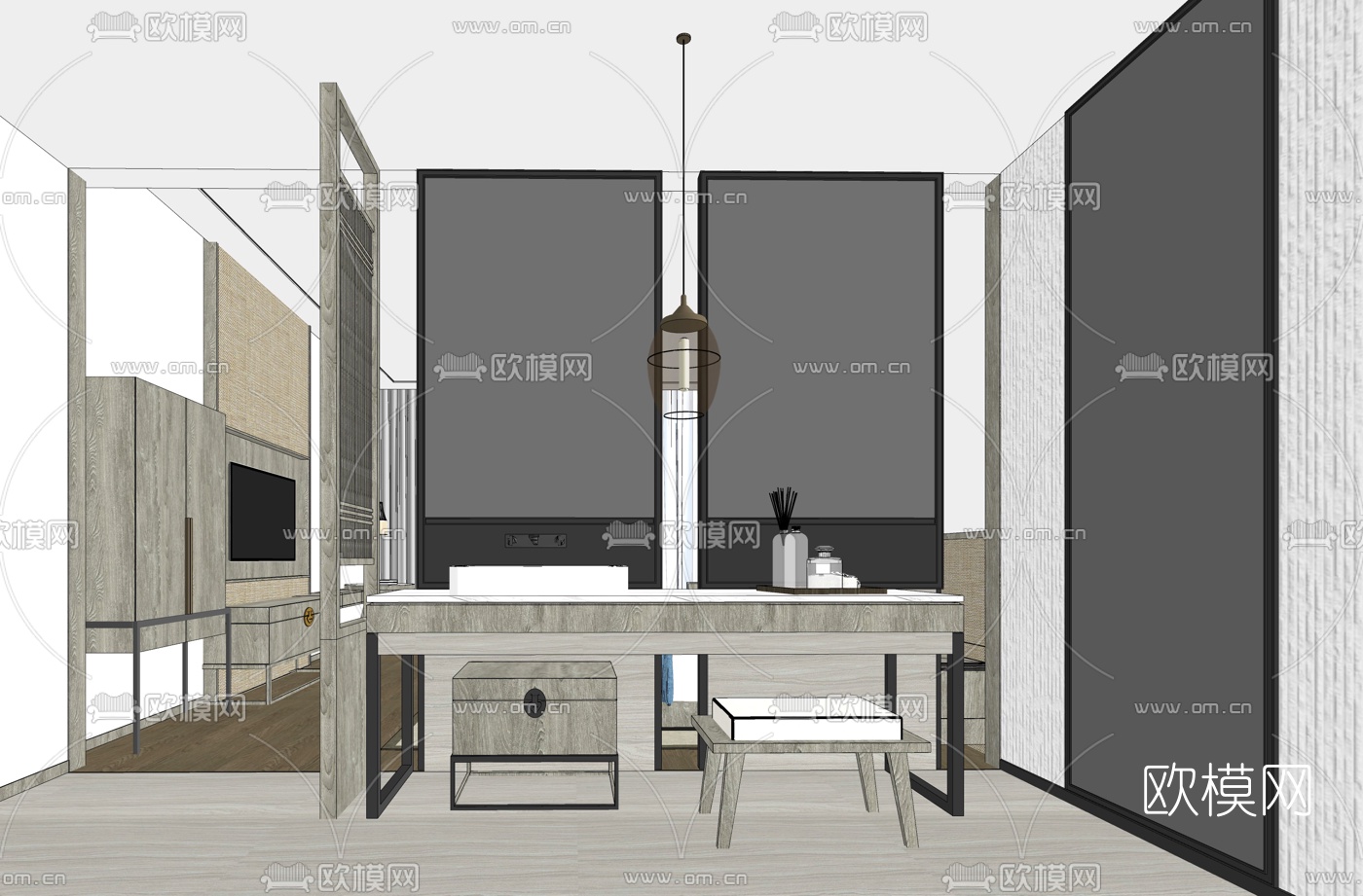 新中式酒店客房双人房su模型下载（渲染图1）