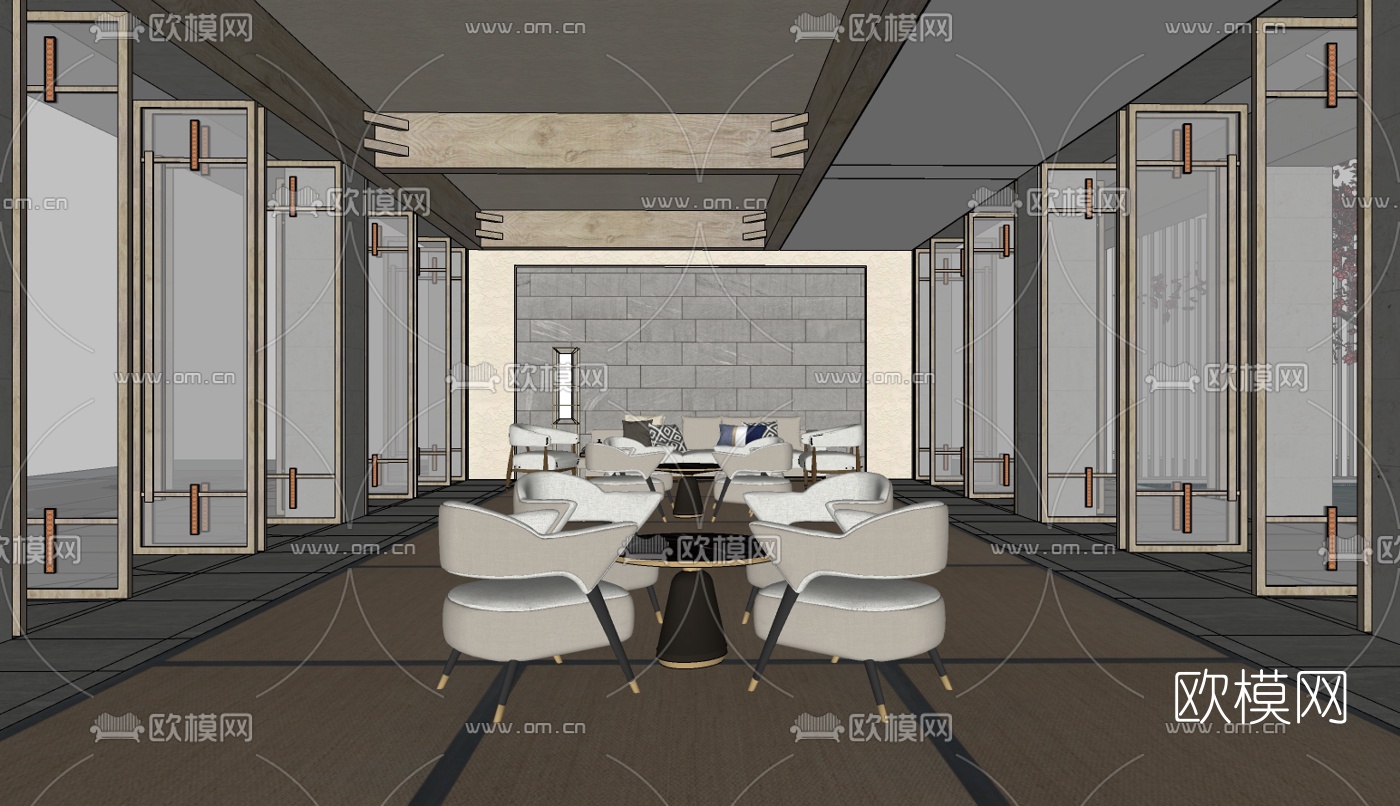 现代民宿酒店接待大堂su模型下载（渲染图1）