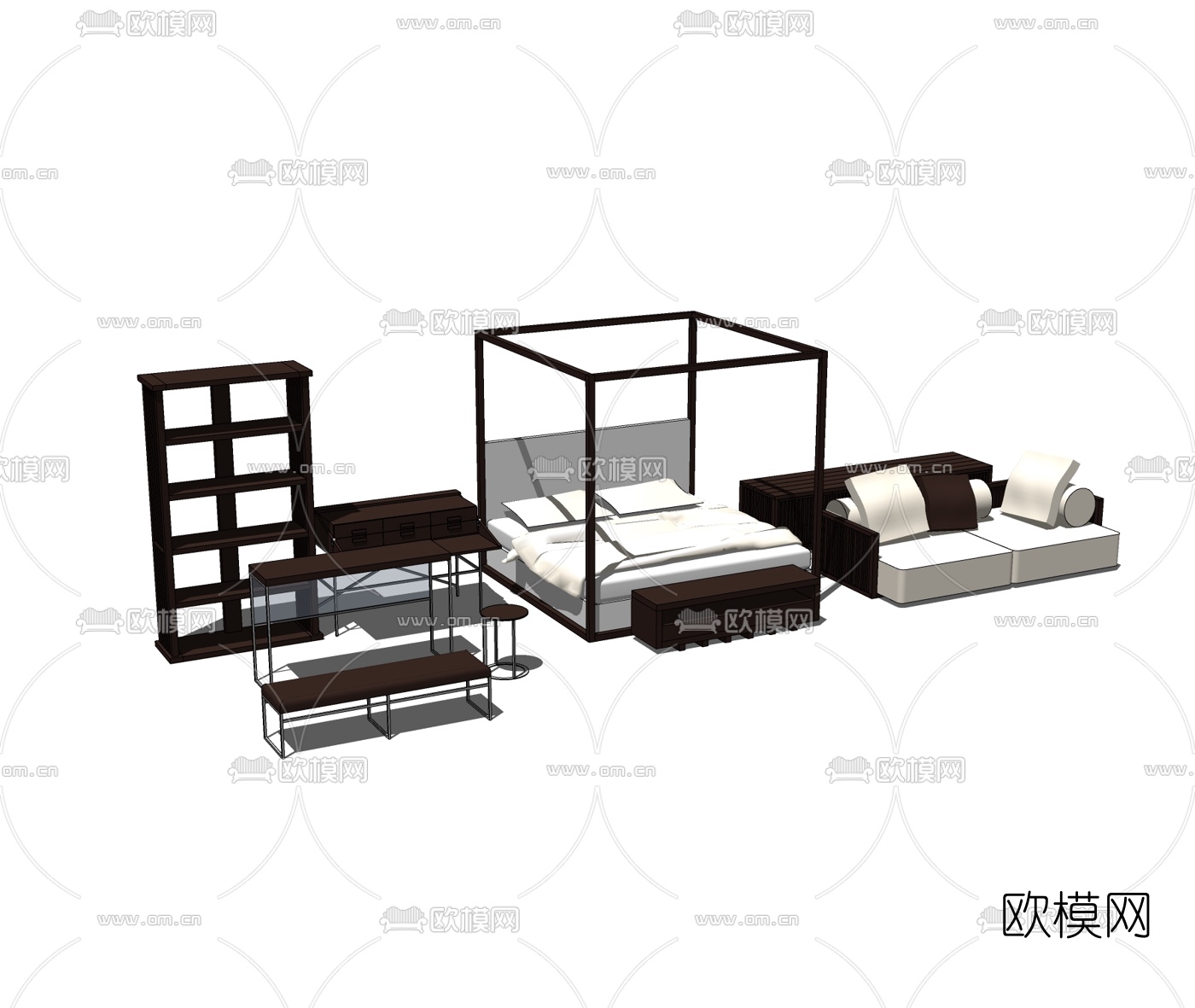 中式双人床沙发免费su模型下载