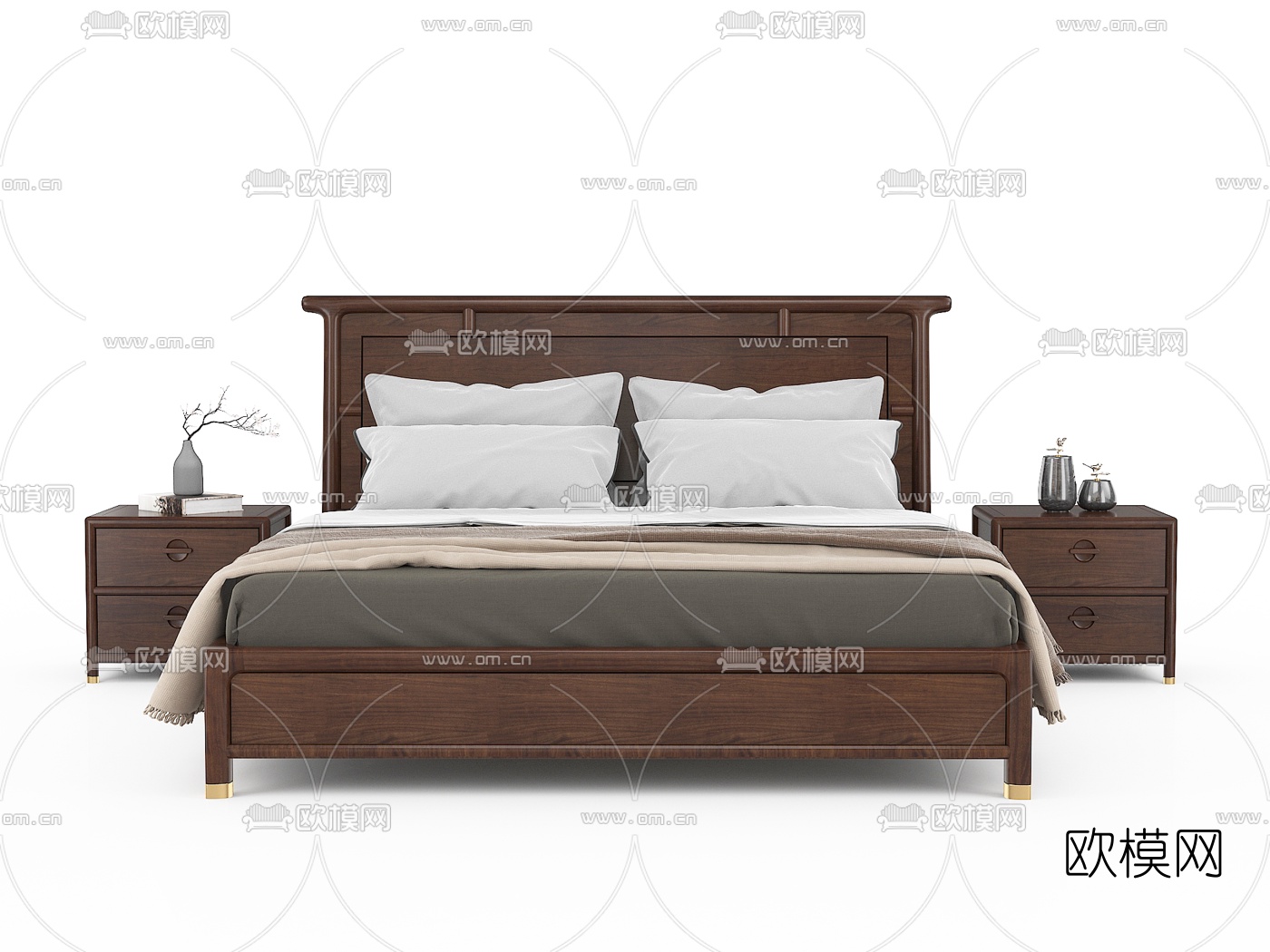 新中式布艺双人床3d模型下载