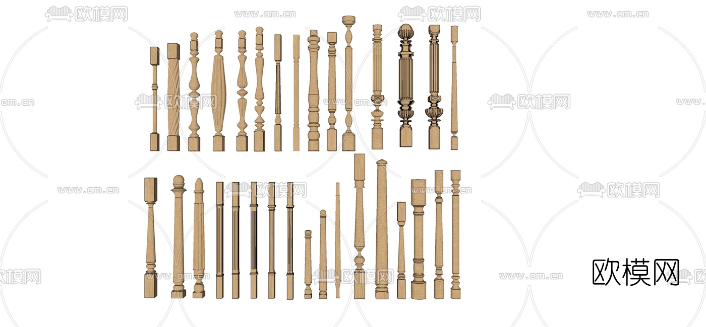 欧式实木楼梯栏杆立柱组合su模型下载