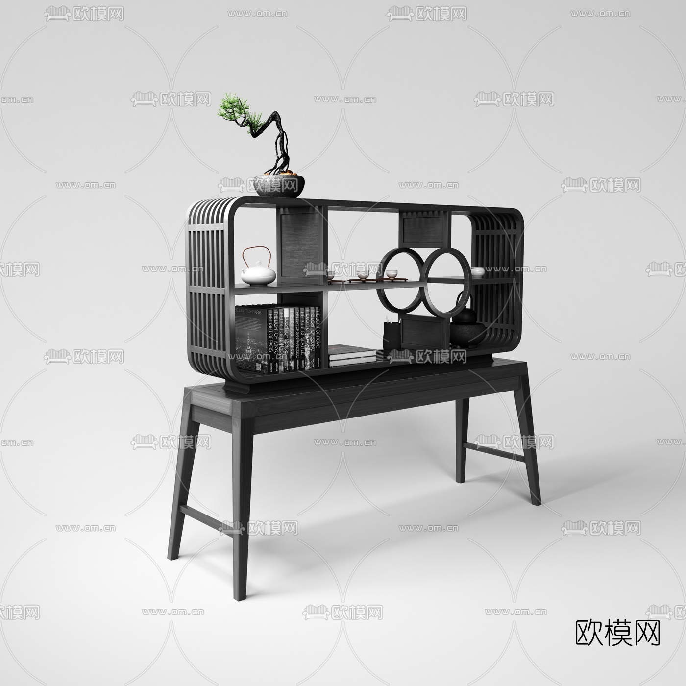 中式实木博古架书籍盆栽组合3D模型下载