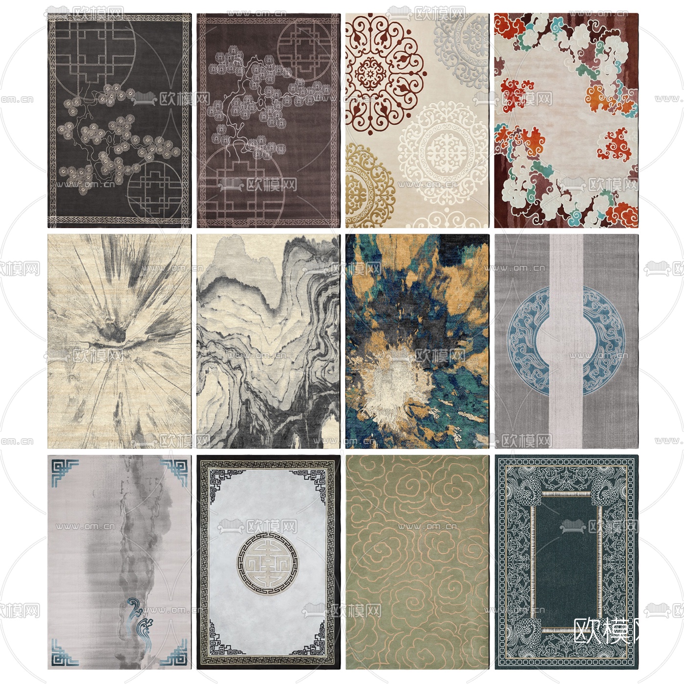 新中式布艺地毯组合3d模型下载