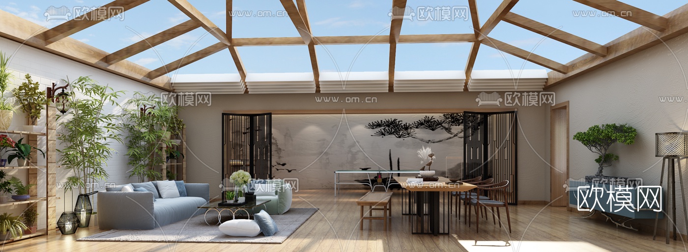 现代阳光房沙发茶台休闲区组合3D模型