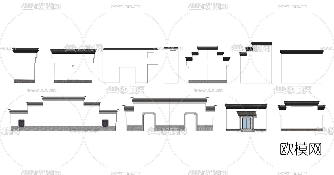 中式徽派马头墙围墙su模型下载