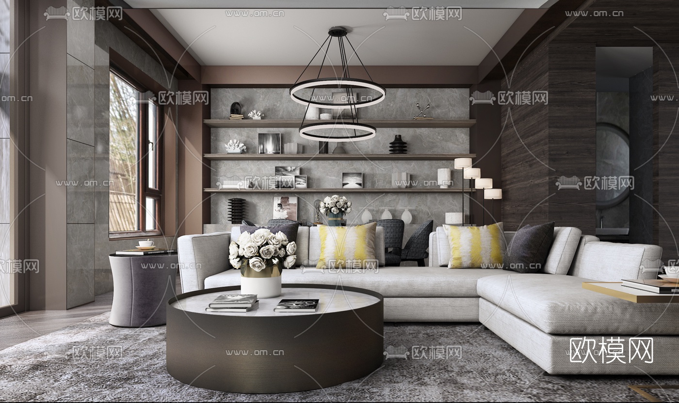 木田设计 现代别墅客厅沙发3d模型下载（渲染图1）
