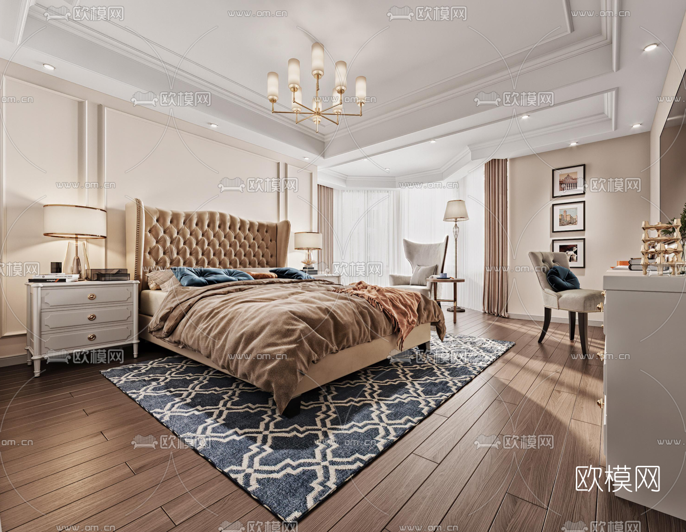 美式卧室主人房3d模型下载