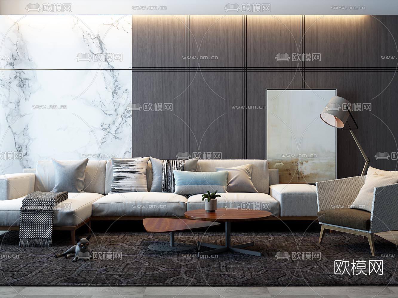 现代布艺转角多人沙发组合3d模型-免费3dmax模型库-欧模网