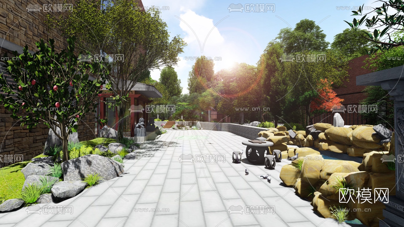 新中式庭院景观su模型下载（渲染图2）