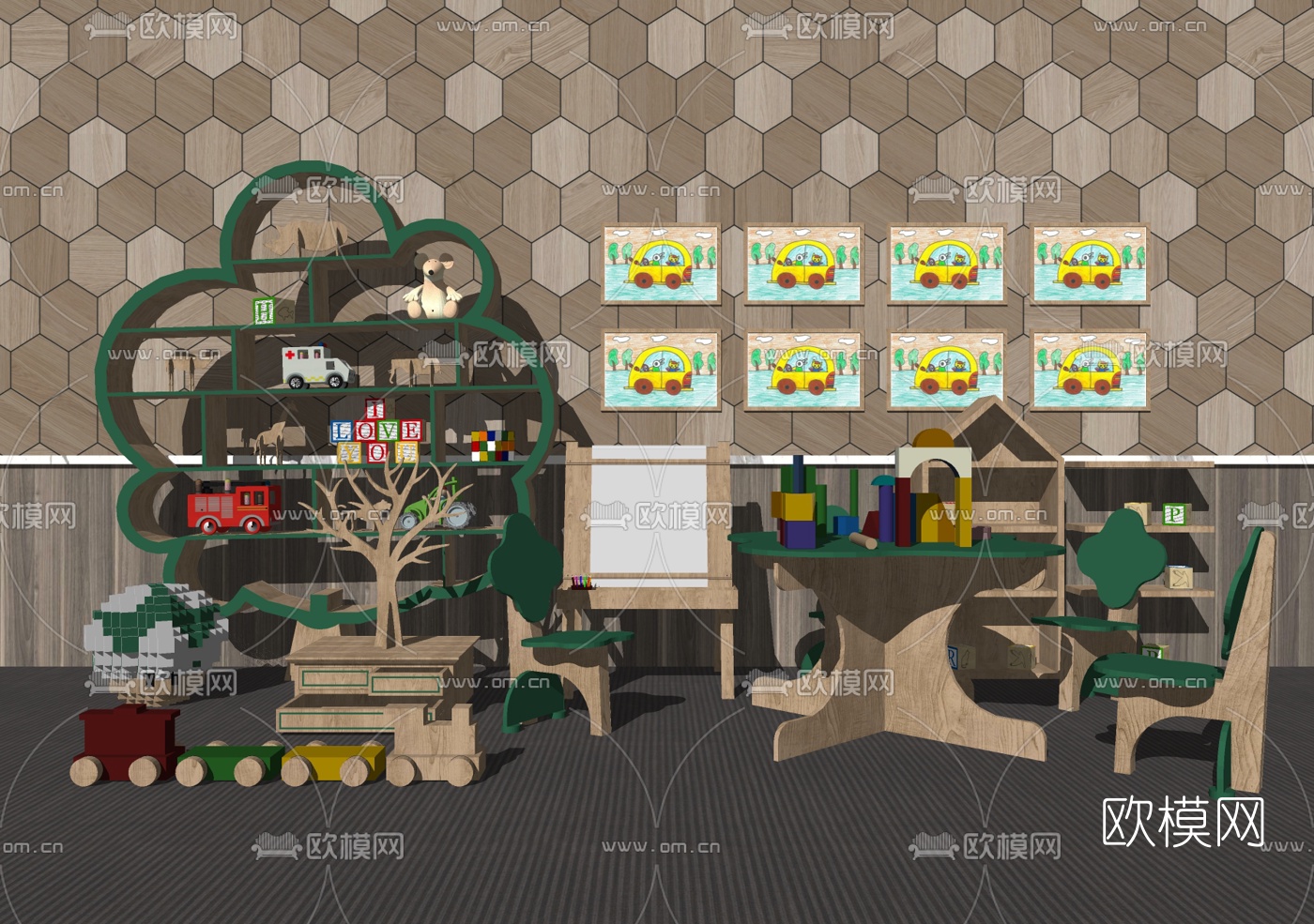 现代儿童桌椅积木玩具组合su模型下载